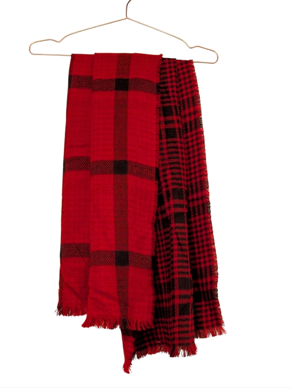 Reversible Red and Black Plaid Fringe Scarf